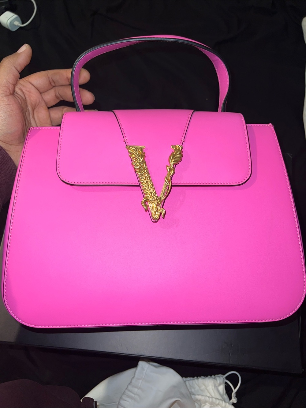 Versace Neon Pink Top-Handle Satchel with Gold V Hardware